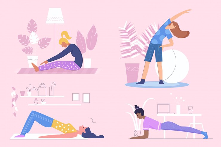 Vector active sportive girls do morning exercises, fitness at home flat character illustration set