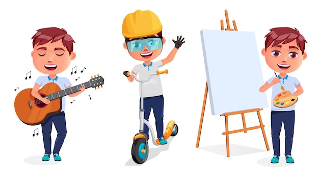 Active student vector character set design Boy characters singing riding scooter and painting