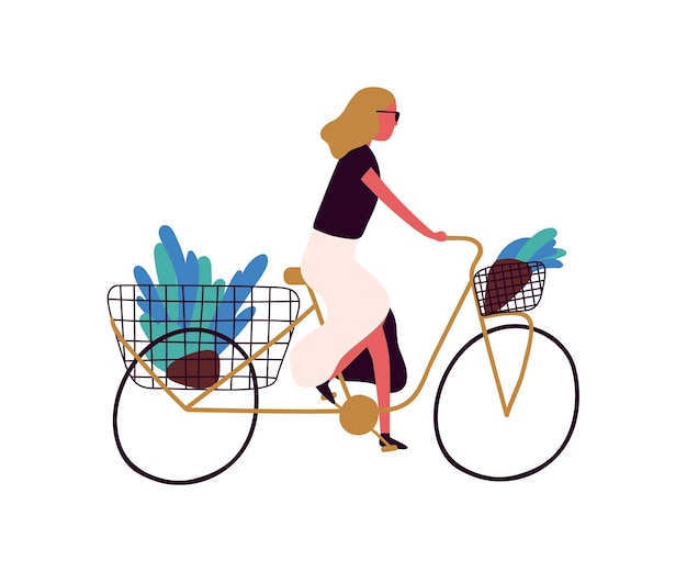 Active trendy woman riding bicycle with flower at basket vector flat illustration. Stylish female on retro bike with bouquet isolated on white background. Cartoon elegant girl bicyclist.