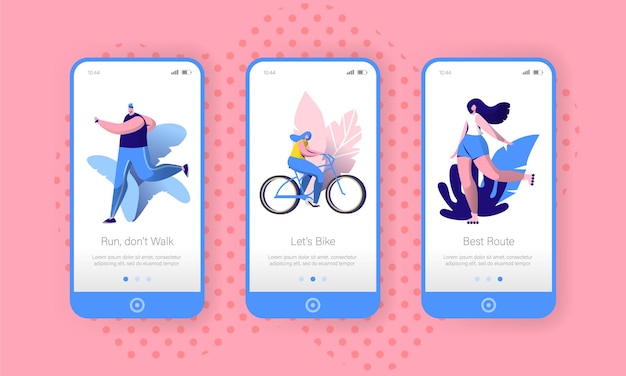 Active urban lifestyle mobile app onboard screen set.