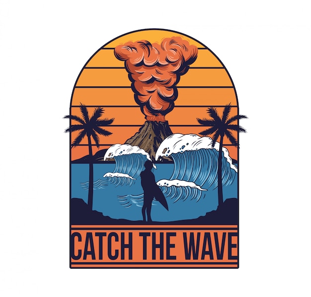 active volcano one man surfer big ocean wave palm summer view. Hawaii island surfing style illustration.