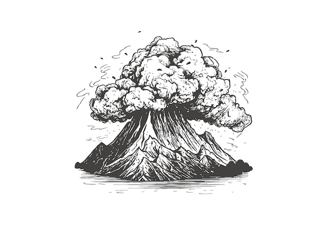 Vulcano attivo che vomita lava in bianco e nero uno schizzo disegnato a mano evidenziato su uno sfondo bianco illustrazione vettoriale