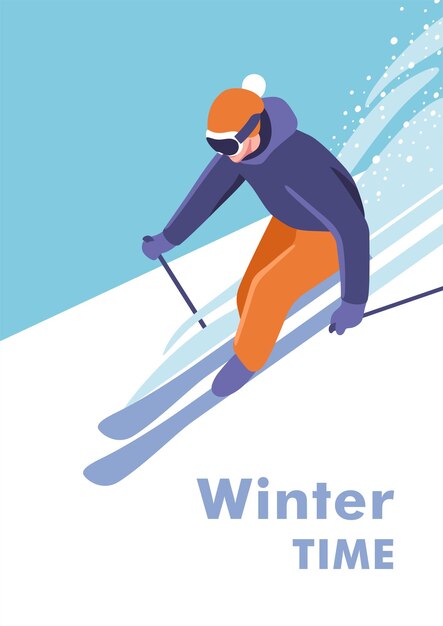 Vector active winter holidays skier on the piste concept of vacation and travel vector illustration