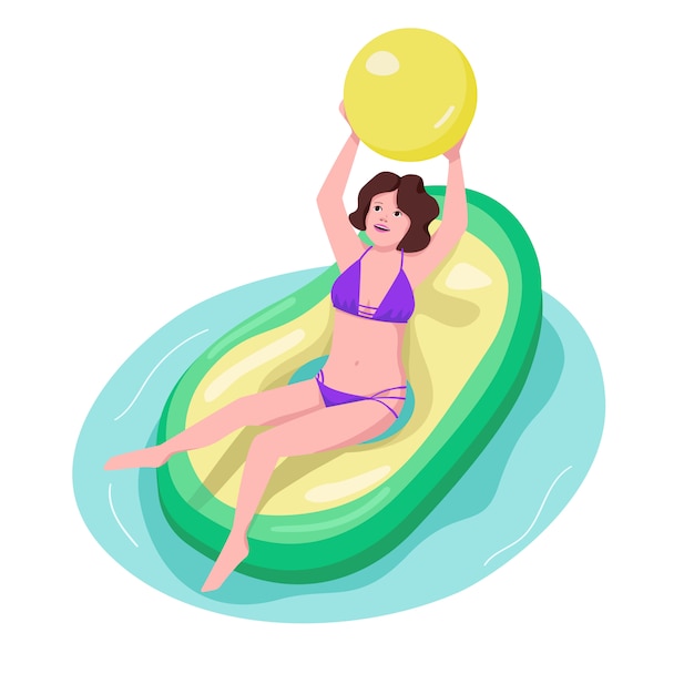 Активная женщина в бассейне цвет персонажа. Подходит девушка играет с мячом. Спортивный женский сидя на надувном матрасе. Авокадо кольцо. Иллюстрация взрослого пляжа