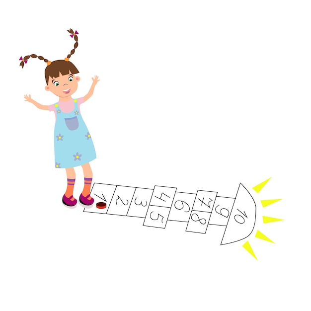 Active young girlkid playing hopscotch having fun jumping Preschool girl playing in jumping hopscotch game on playground Outdoor daily activity in kindergarten Vector cartoon illustration