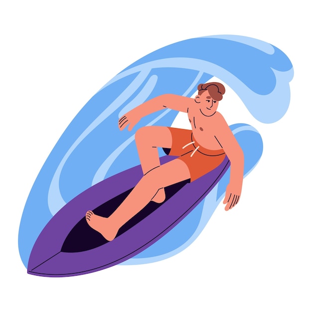 ベクトル アクティブな若い男がサーフボードに乗って幸せなサーファーが海や海でボード上で波をキャッチ夏休みにサーフィンをする少年極端なウォーター スポーツ白い背景で隔離のフラット ベクトル図