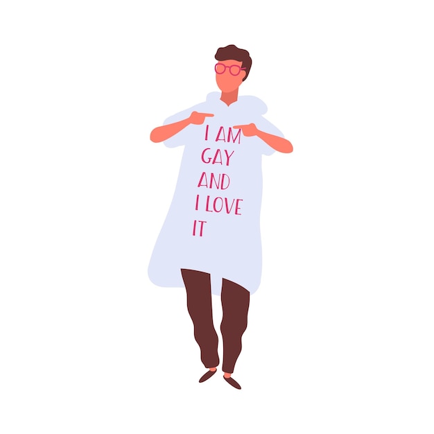 Activist in hoody with I am gay and I love it inscription. Homosexual male character on pride parade isolated on white background. Man on lgbt marche. Vector illustration in flat cartoon style.