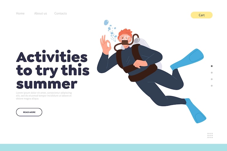 Vector activities to try this summer concept for landing page template with young scuba diver character
