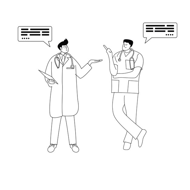 吹き出しでモノクロ線スタイルをチャットに立っている医師の活動イラスト