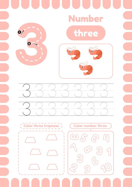 Vector activity page for kids coloring figures trace number three handwriting practice for kids