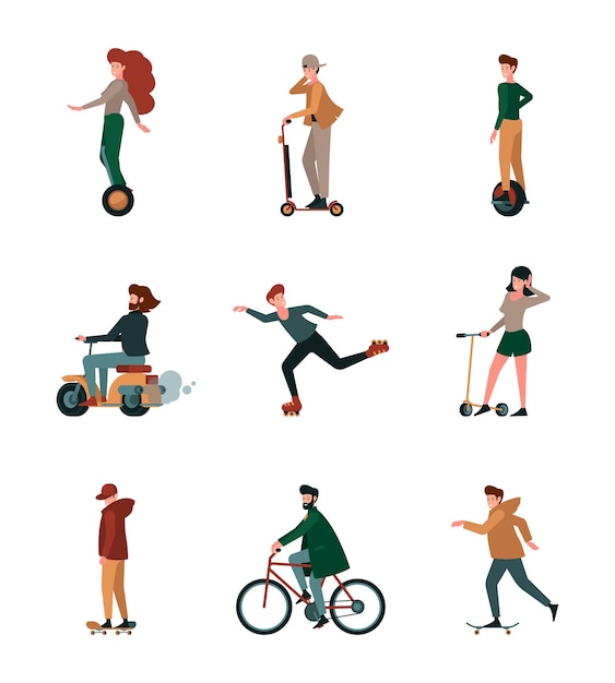 Активные люди Городская езда, активный образ жизни, человек на электрических скутерах, роликах, велосипедах, транспортных средствах, яркие векторные плоские иллюстрации