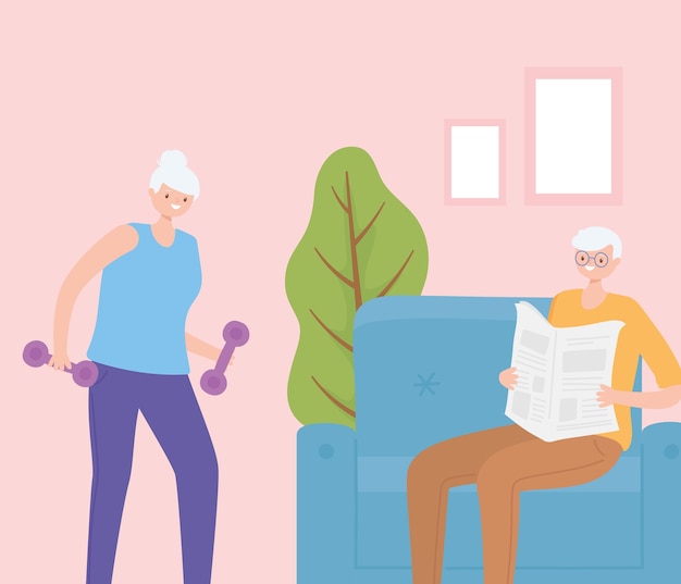 Активность пожилых людей, старик читает газету и пожилая женщина с гантелями в доме.