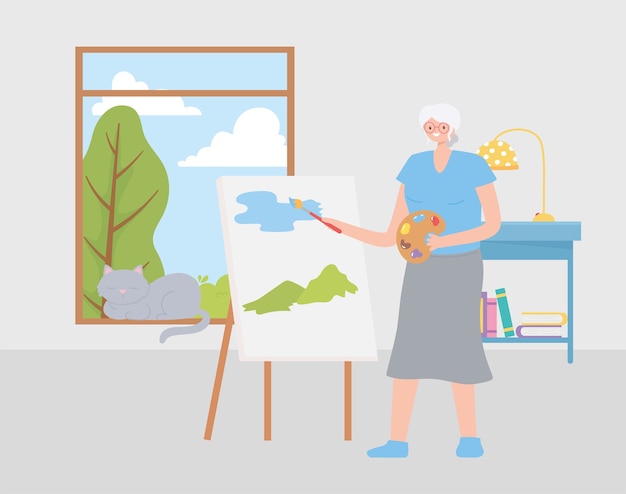 Activity seniors, old woman painting a picture in the room illustration