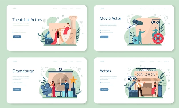 Actor and actress web banner or landing page set. idea of creative people and profession. theatrical perfomances and movie production. vector illustration