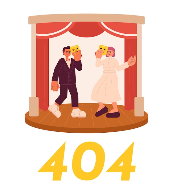 Actors on stage error 404 flash message Dancing acting with comedy and tragedy mask Empty state ui design Page not found popup cartoon image Vector flat illustration concept on white background