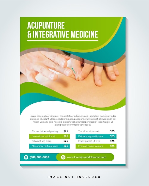 Vector acupunctuur en integratieve geneeskunde flyer pamflet brochure vector ontwerpsjabloon in a4-formaat