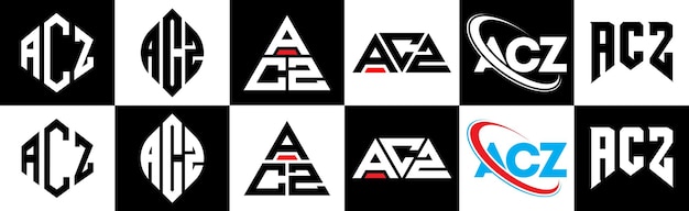 Design del logo della lettera acz in sei stili acz poligono cerchio triangolo esagono stile piatto e semplice con logo della lettera di variazione di colore in bianco e nero incastonato in una tavola da disegno logo acz minimalista e classico