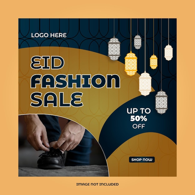 An ad for eid fashion sale with a man putting on shoes