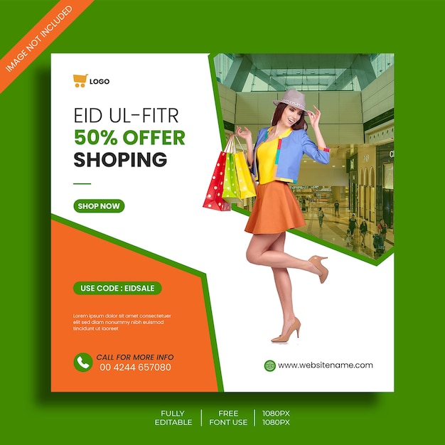 Vettore un annuncio per eid fitr per lo shopping con una donna modelli di post sui social media