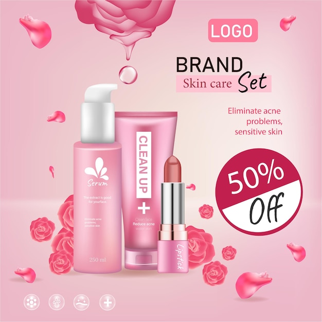 Ad fashion cosmetic collection skincare with rose flower petals pastel color style organic cosmetics