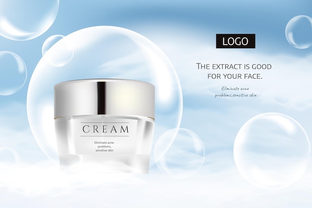 Ad template for cream and skincare product, bottle mock-up set on blue sky and cloud  in 3d illustration.