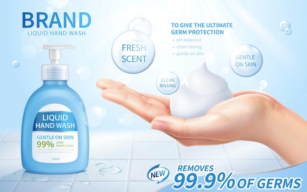 Vector ad template of liquid hand wash realistic female hand in open palm gesture with creamy lather