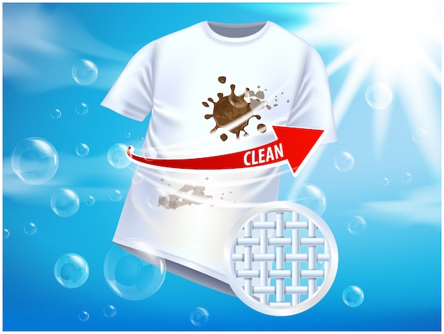 Vector ad  template or magazine . ads poster design on blue background with white t-shirt and stains