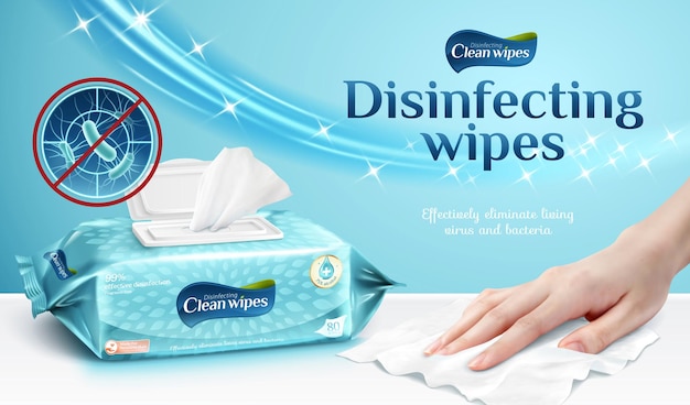 Ad template or package design for cleaning wipes female hand using wet wipe to clean the table