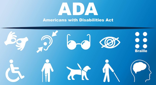 Vector ada, americans with disabilities act. concept with keywords, letters and icons. colored flat vector illustration. isolated on a light blue background. vector illustration