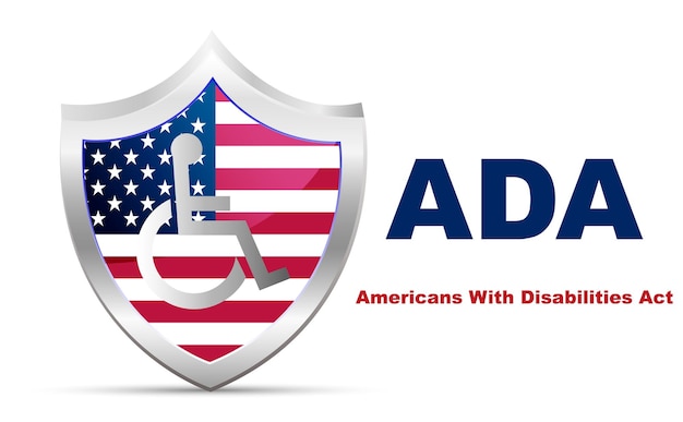 Ada americans with disability act shield с флагом сша и инвалидной коляской на белом фоне информационного плаката векторная иллюстрация