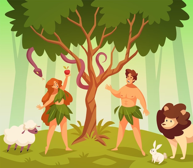 Adam en Eva Bijbelverhaal scène eerste man en vrouw in tuin Eden kennis goed en kwaad slang van verleiding en appel paar staan onder boom religie scène vector cartoon concept