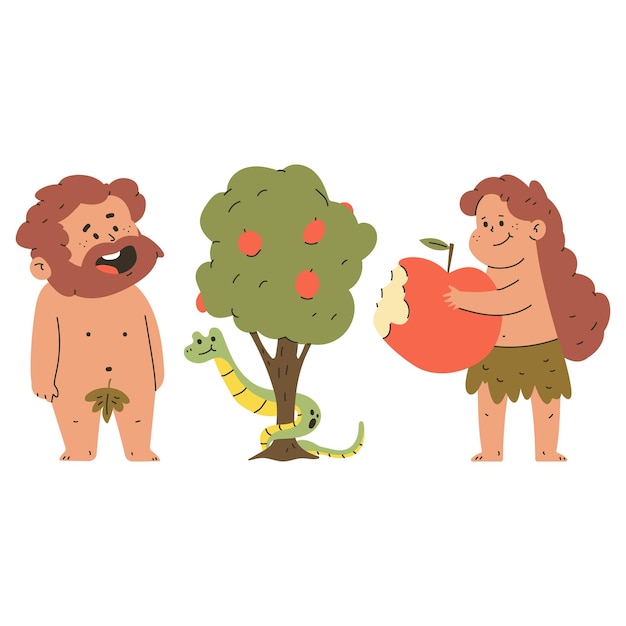 Адам и Ева библейская религиозная сцена векторная мультфильмная иллюстрация изолирована на белом фоне