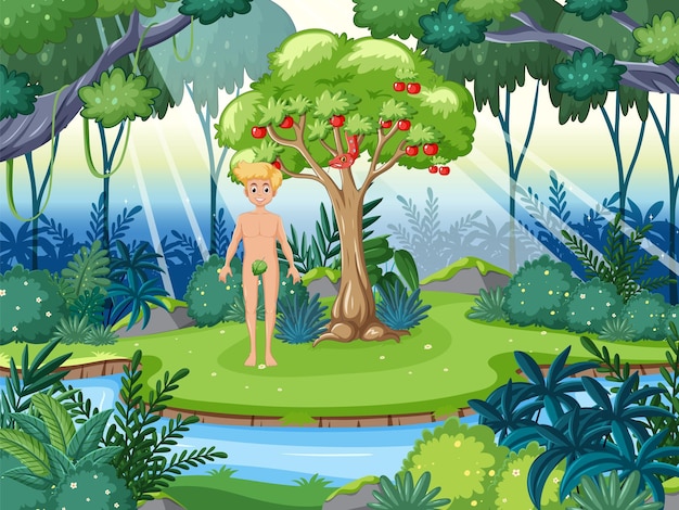 Adam standing under apple tree in garden of eden