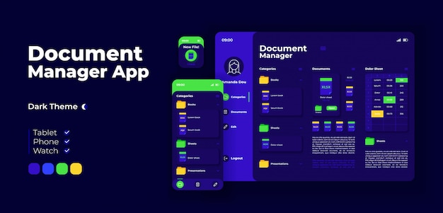 Adaptieve ontwerpsjabloon voor scherm van documentbeheerder. Online bestandsmap applicatie nachtmodus interface met platte karakters. Smartphone, tablet, slimme horloge cartoon UI