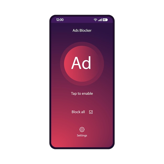 adblock app smartphone interface vector template mobile utility page purple design layout antimalware application screen turn off advert plugin flat gradient ui tap to enable button phone display