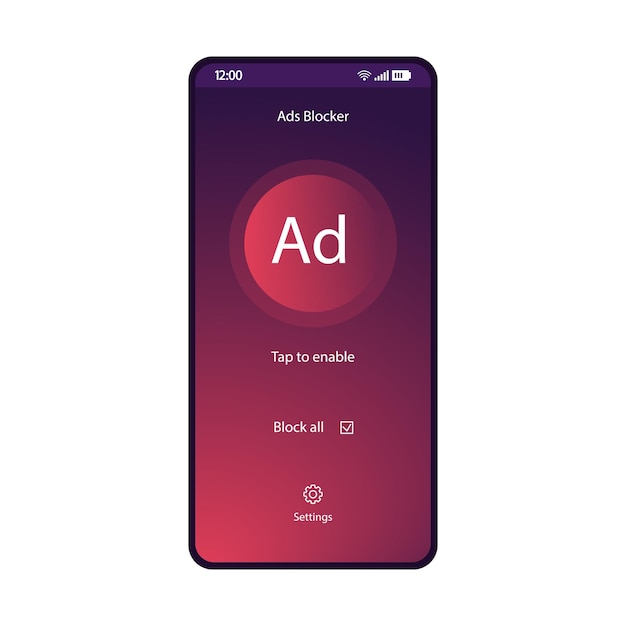 Modello vettoriale dell'interfaccia per smartphone dell'app adblock layout del design viola della pagina dell'utilità mobile schermata dell'applicazione antimalware disattiva l'interfaccia utente a gradiente piatto del plug-in pubblicitario toccare per abilitare la visualizzazione del telefono con i pulsanti