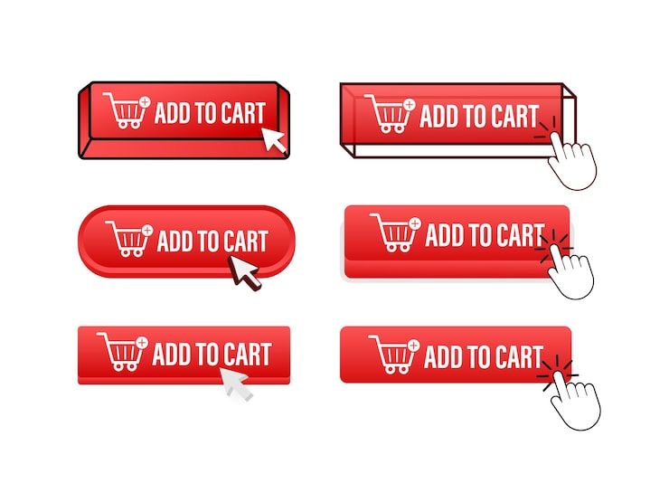 Vector add to cart button with pointer clicking add to cart web buttons set user interface element in fla