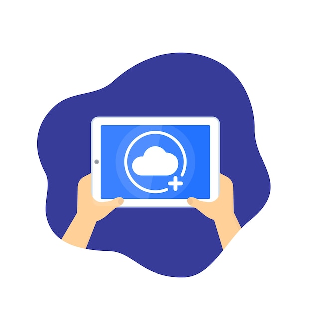 add to cloud tablet in hands vector