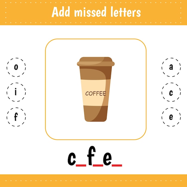 Add missed letters educational worksheet learning english words coffee