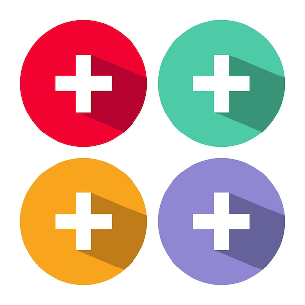 Vector add plus icon in flat style with long shadow plus sign add icon medical cross vector pharmacy design addition button colours circles button