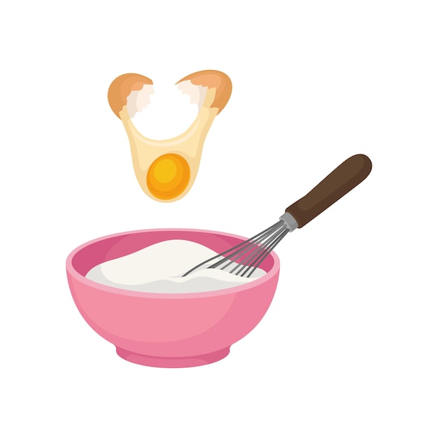 Add the yolk from the broken egg Pink bowl full of dough The Corolla Vector illustration on white background