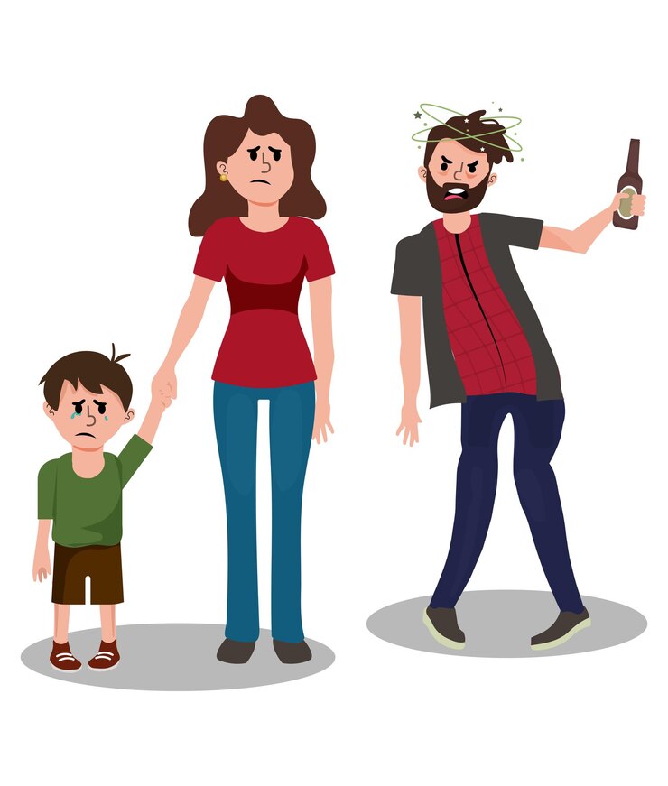 वेक्टर addiction to alcoholism. drunk man, angry woman and sad boy. wife with child leaves husband. divorce