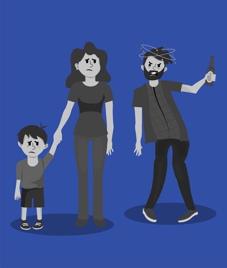 Vector addiction to alcoholism. drunk man, angry woman and sad boy. wife with child leaves husband. divorce