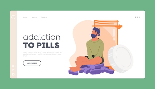 Addiction to Pills Landing Page Template Male Character Sitting On on Huge Pile of Medication or Antidepressant