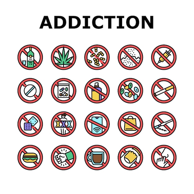 Addiction substance dependence icons set vector