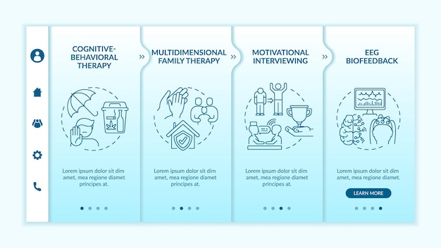 ベクターテンプレートをオンボーディング中毒治療法。アイコン付きのレスポンシブモバイルサイト。 Webページのウォークスルー4ステップ画面。線形イラストと多次元療法の色の概念
