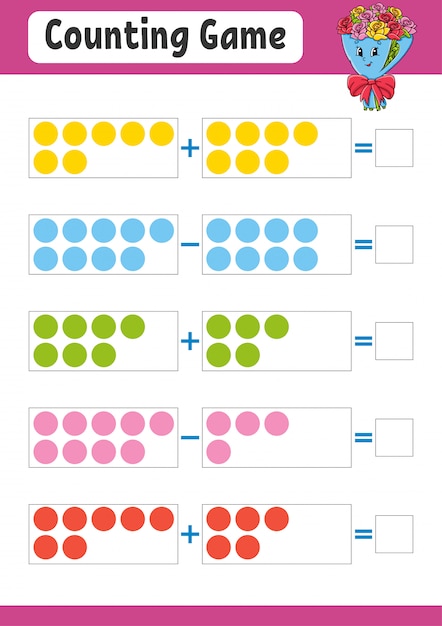 足し算と引き算。子供のためのタスク。教育開発ワークシート。アクティビティカラーページ。