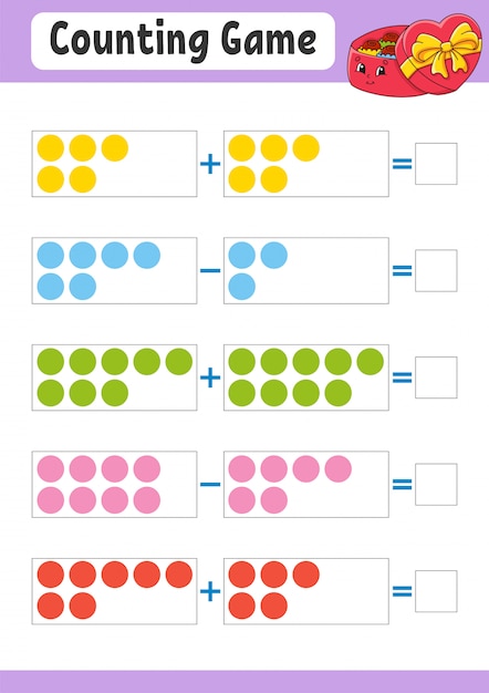 足し算と引き算。子供のためのタスク。教育開発ワークシート。アクティビティカラーページ。