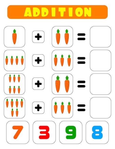 Сложение моркови Задание для детей Развивающий развивающий лист Цветная страница активности