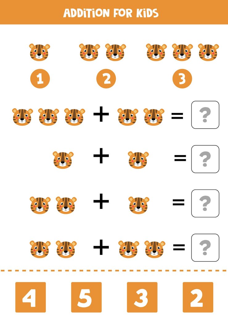 Vector addition game with cute cartoon face of tiger